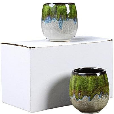 Set di tazze da caffè in ceramica da 143,7 g, tazza da tè giapponese, tazza creativa Potbelly - verde forno - 100 ml - confezione da due - 101-200 ml