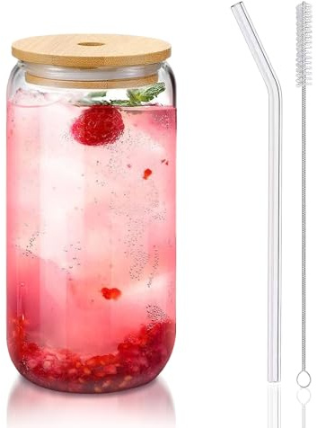 DAMCONME Glass Cups with Lids and Straws 1Pack,Glass Coffee Cups,Glass Cup with Lid for Iced Coffee,Smoothie,Cocktail,Beer,Whiskey,Soda,Matcha,16 Oz Glass Cup with Bamboo Lid,1 Brush
