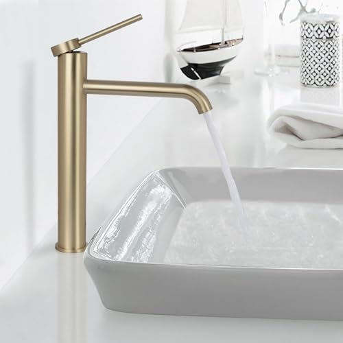 PHASAT Bathroom Sink Tap High Rise Basin Tap Single Lever Brushed Golden Mixer Faucet, Tall tap PTMP01LG