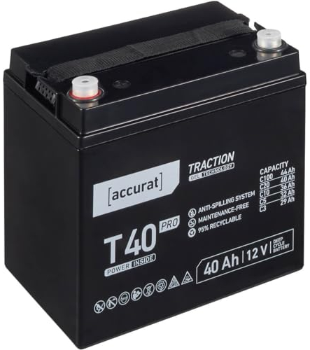 Accurat Traction T40 Pro VRLA Bleibatterie - 12V, 40Ah, +30% Startleistung, wartungsfreie, zyklenfest- Gel Batterie, USV Batterie, Versorgungsbatterie, Solarbatterie, Bleiakku für Camping, Wohnwagen