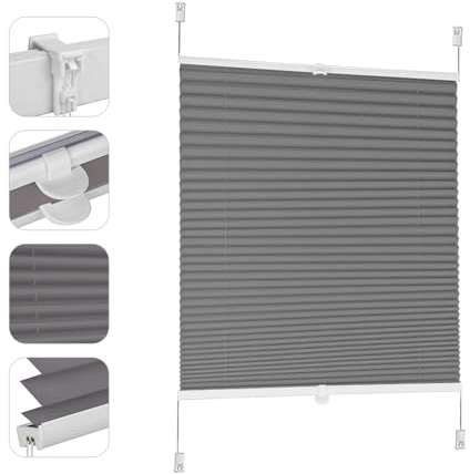 Sekey Plissee ohne Bohren Verdunkelung, Fenster Plissee Klemmfix Jalousie 95 cm breit, Verspannt Blickdicht Sonnenschutz Fensterollo, 95x130cm, Dunkelgrau