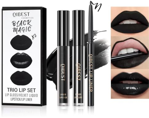 Baorder 3-in-1 Lip Make-up Kit: Matte Lipgloss, Glossy Lip Gloss, Lip Liner Bleistift - 3 Gramm, Schwarz, Langanhaltend, Nicht Klebend, Wischfest, Voller Deckung für Damen und Unisex, Beauty-Artikel