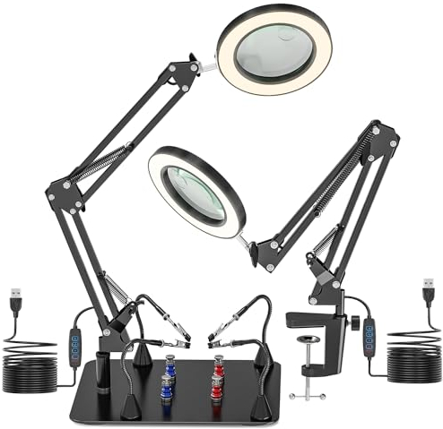 Jubor 10X 15X Magnifying Glass with Light and Stand, Magnetic Soldering Aid Helping Hand with Magnifying Lamp, Third Hand Soldering Magnifier with 3 Color Modes Dimmable for Crafts, Soldering, Repair