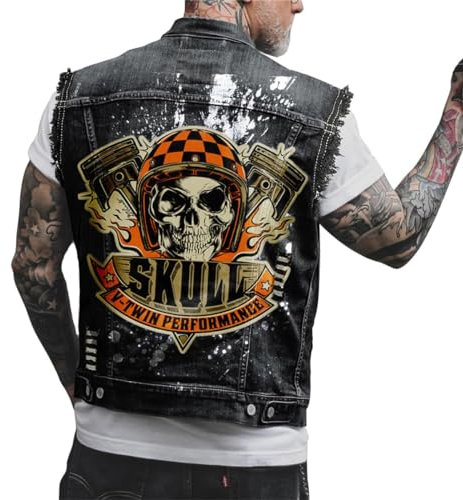 Agiyenna Gilet di Jeans da Uomo Giacca di Jeans Senza Maniche da Motociclista Moda per il Tempo Libero Punk Gotico Giacca con Stampa Teschio Cappotto Capispalla di Moda con Bottoni Giacca all'Aperto