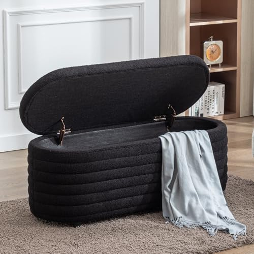 chairus Ottoman Bench Seat with Storage Faux Fur Footstool for Bedroom Upholstered Piano Bench Window Seat (Black)