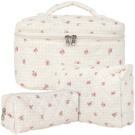 Lot de 3 Trousse de Toilette Femme Voyage en Coton, Floral Trousse de Maquillage, Pochette de Rangement Makeup Bag Grand Capacité, Trousse de Beauté Trousse Matelassée Cosmétique pour Femme Fille
