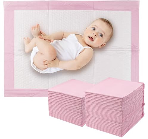 Eckerdromk 50 Stück Baby Inkontinenzunterlage Wickelunterlage Einweg, 60 × 40 cm Wickelauflage (Rosa), Hygienisch mit Superabsorber, Weich, Wasse, Atmungsaktiv, Baby Changing Mat für Unterwegs
