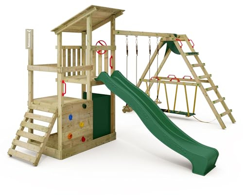 Fatmoose Lektorn, klätterställning FruityForest Fun XXL med surfanbyggnad, gunga och grön rutschkana, utomhus, barn, klättertorn med sandlåda, stege och lektillbehör för trädgården