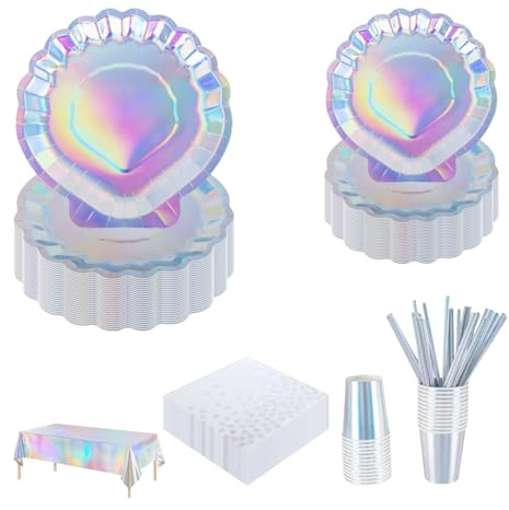 CEILIWEN Ensemble de vaisselle de fête en coquillage argenté de 126 pièces pour 25 invités - assiette en papier de 9 et 7, tasse, serviette, paille, nappe - anniversaire irisé/fête prénatale/fête de
