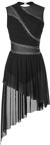 Yruioon Robe De Patinage Artistique Femme Brillant Robe De Ballet sans Manches Strass Body avec Jupe Asymétrique Danse Moderne Contemporaine Lyrique Tenue Danse