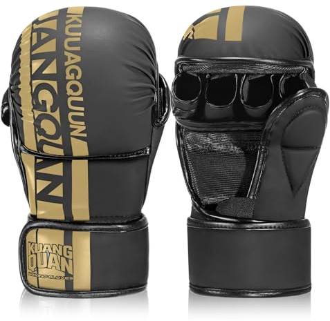 KUANG QUAN MMA Gloves Open Palm Sparring & Grappling Mitts,Martial Arts for Men & Women,Combat Sports,MMA, Boxing, Muay Thai, Kickboxing (Black-Gold, Medium)