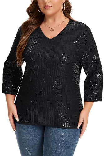 Kyzoeyou Maglione da Donna con Paillettes e Glitter, Tops, Manica Lunga, Scollo a V, T-Shirt, Blusa, per Tempo Libero, Festa, Festival, Club, Oversize (Nero XL)