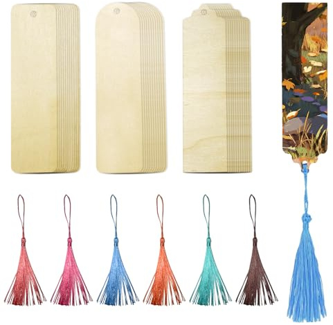 36 Pieces Marque-pages en Bois Vierges, DIY Signet D’Artisanat en Bois, Étiquettes Rectangulaires Vierges Suspendues, 36 Pompons Multicolores pour Faire des Cartes, des Signets, des Étiquettes Cadeaux