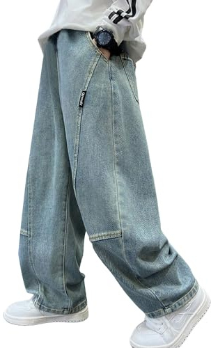 Happy Cherry Jeans Kids 12-13 Years Baggy Elastic Waist Loose Denim Pants Straight Wide Leg Jeans for Casual Wear Blue