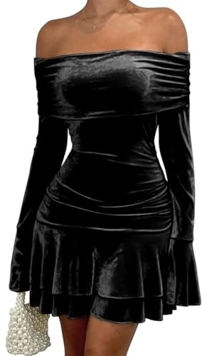 LAGSHIAN Women's Sexy Velvet Off Shoulder Long Sleeve Ruffle Hem Bodycon Ruched Cocktail Party Mini Dress Black