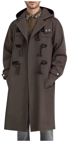 Mens Wool Blend Single Breasted Long Trench Coat, Classic Toggle Duffle Hooded Winter Overcoat Pea Coat with Pockets