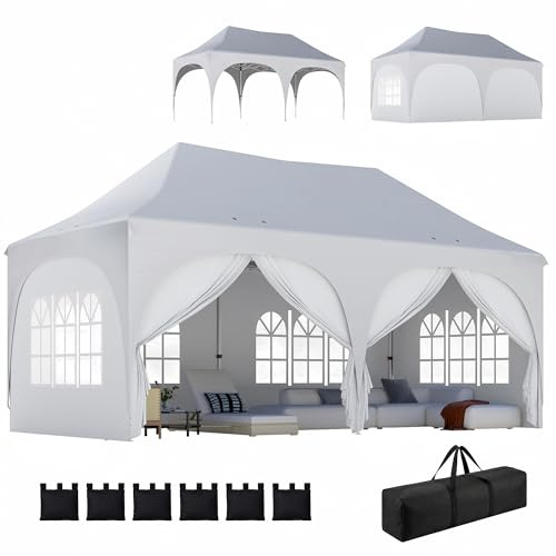 Outsunny Paviljong 3 x 6 m, vattentät höjdjusterbar, popup, vikbar paviljong med spetstak, avloppsrör, sidodelar, UV-skydd, 30 + vikbar, festtält, trädgårdstält, trädgårdspaviljong för trädgård
