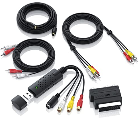 CSL - USB 2.0 Audio Video Grabber inkl. Zubehörset Neue Software Windows 11 fähig - VHS - Videoadapter zur Bearbeitung Nachbearbeitung - vergoldete Kontakte