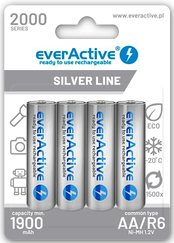 everActive Akku AA 2000 mAh 4 Stück, NI-MH, Mignon R6, wiederaufladbar, vorgeladen, Silver Line 1.2V, 1 Blisterkarte, Silber, EHRL6-2000