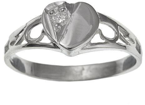 Childrens/Childs/Girls White/Clear Cubic Zirconia (CZ) Set Heart Signet Ring - 925 Sterling Silver - Size E