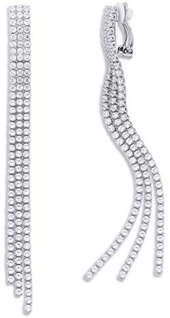 QUKE - Orecchini pendenti da donna con zirconi cubici a goccia lunga con nappa, con chiusura a clip, per orecchie non forate