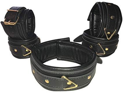 Bondage Set Leder Fesselset Handfesseln Fußfesseln Halsband gepolstert mit Führungsleine -Farbe schwarz/gold
