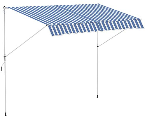 Outsunny Toldo con brazos de 3 x 1,5 m con manivela, estructura telescópica de metal y parasol de poliéster, blanco y azul
