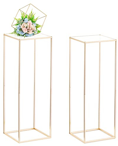 Nuptio Gold Vases for Centerpieces Wedding with Acrylic Panel - 2 Pcs 31.5 inch Tall Metal Flower Vase Flowers Stand - Elegant Bulk Weddings Decoration Table Geometric Centerpiece for Party Tables