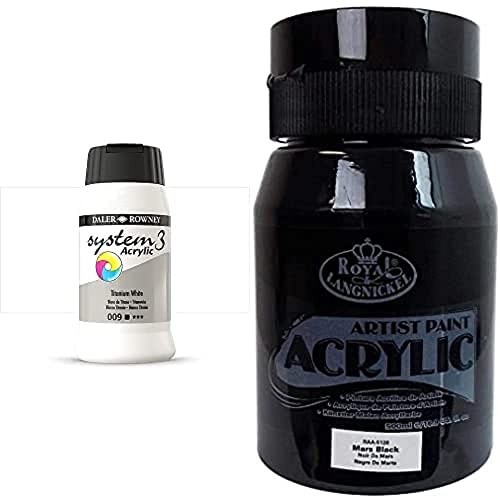 Daler-Rowney SYSTEM3 500ML TITANIUM WHITE Bundle with Royal & Langnickel RAA-5120 Essentials 500ml Acrylic Paint - Mars Black