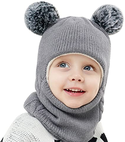 Wintermütze Baby Schlupfmütze mit Bommel Warm Niedlich Strickmütze Schalmütze Balaclava Mütze Beanie Sturmhaube Babymütze (Einheitsgröße,Grau)