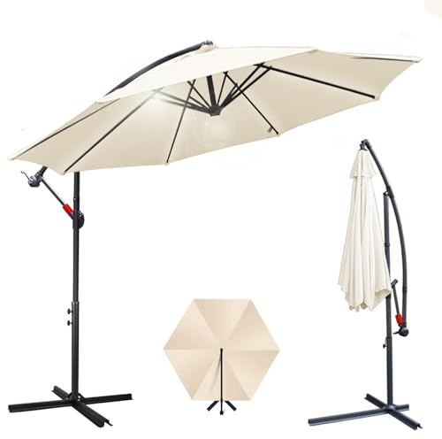 Joparri Ombrellone beige Ø 300 cm con manovella, ombrellone con supporto, parasole da giardino, protezione UV in alluminio, ombrellone da mercato, impermeabile