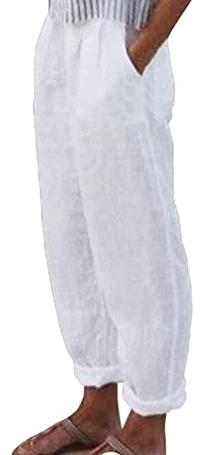 Blingko Damen High Waist Leinenhose Sommer Baggy 7/8 Lose Leinen Baumwolle Hose für Frauen Sommerhose Damen Leicht Luftige Stoffhose Freizeithose Pumphose Yogahose Jogginghose Sporthose