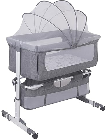 MENGDA Baby Beistellbett Babybetten, Babywiege Reisebett mit Rollen Kinderbett Neigbar Höhenverstellung, Babybett mit weich Matratze & Moskitonetz (Hellgrau)