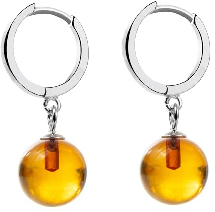Genuine Baltic Amber Small Hoop Earrings for Women in Sterling Silver, Rich Cognac Color