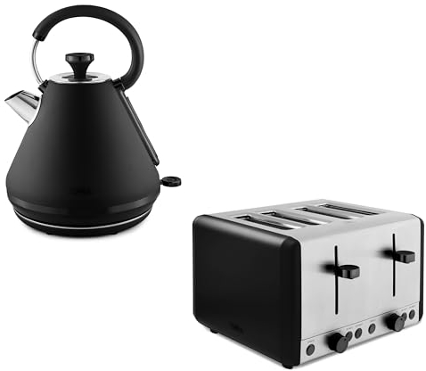 Tower Sera 1.7L 3KW Pyramid Kettle & 4 Slice Toaster Matching Set in Black with Smoked Black Trim