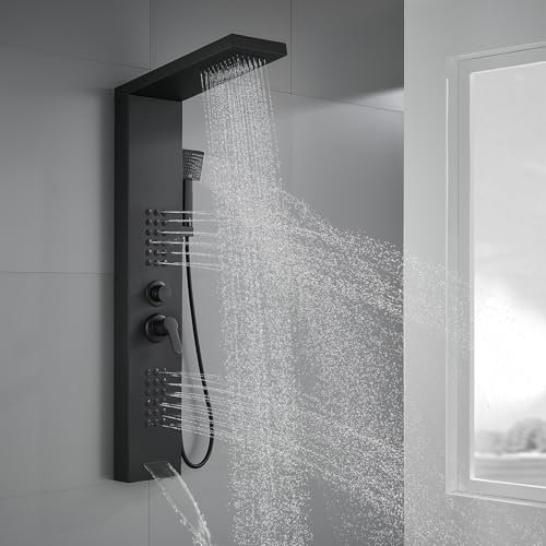 ROVATE Shower Panel Tower System with Rainfall Shower Head, Elegant Matte Black Shower Tower with Powerful Body Jets, Handheld Shower and Tub Spout, Stainless Steel Shower Column Black High Pressure