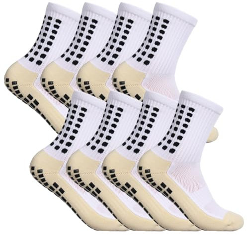 4 Paia Calzini Calcio Antiscivolo Anti Vesciche in Cotone Traspirante - Grip Sportivi per Uomo Donna 37-45 - per Ciclismo Trekking (Bianco)