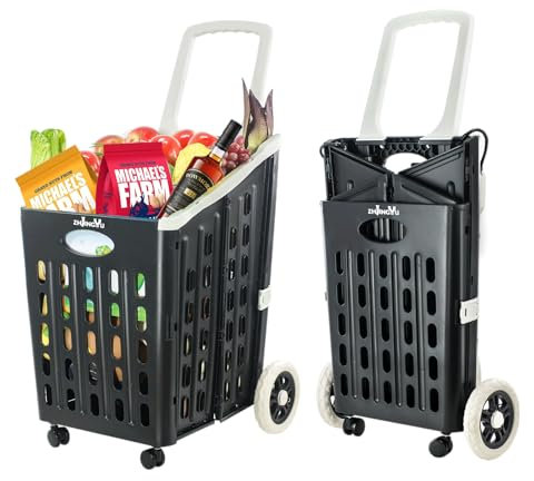 ZHJINGYU Einkaufstrolley Klappbar 75L - Einkaufstrolley Faltbar Passt Vertikal in den Kofferraum - Einkaufswagen mit 4 Rädern für Wäscherei, Büro, Reise, Supermarkt(Schwarz)