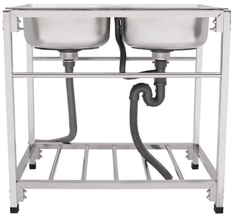 DSYOGX Double évier autoportant, commercial, en acier inoxydable, double lavabo, multifonction, avec 2 compartiments, pour magasins, garages, cuisines, restaurants, 83 x 43,94 x 76,96 cm, 2 bacs