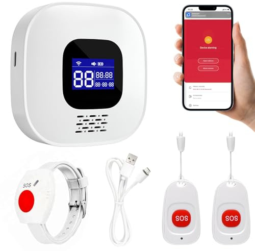 Pulsera de Alarma para Personas de Edad, Timbre Inteligente de Llamada de Emergencia WiFi para Pacientes Ancianos Discapacitados, 2 Botón de Pánico + 1 Receptor + 1 Pulsera (Soporta Wi-Fi 2.4GHz)