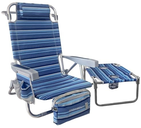 WKFAMOUT Chaise de Plage Pliable avec 5 Positions Réglables Chaise Pliante Portable avec Table Pliante et Sac Isotherme pour Camping Plage Jardin Randonnée Pique-Nique Pêche Navy