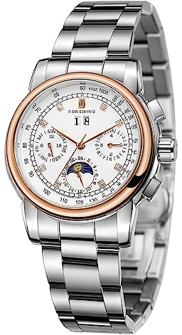 FORSINING Damen-Automatikuhr, selbstaufziehend, Kalender, Retro, Multi-Zifferblatt, Mondphasen-Armbanduhr mit Edelstahlarmband, Rosegoldweiß, Armband