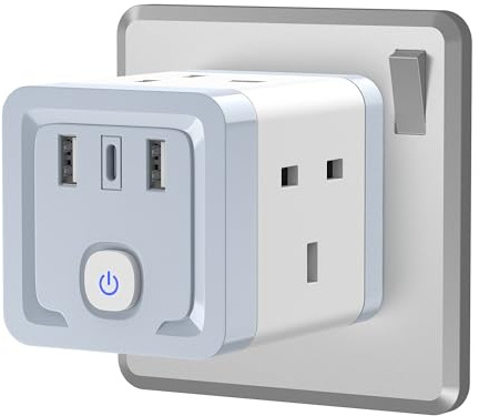 Plug Adapter with 3 USB Ports, Adaptor UK, 4 Way Multi-Plug Extension with 2USB(1 Type C) Charger, 13A Multi-plug Socket Adapter for Kitchen, Office, School Supplies-white