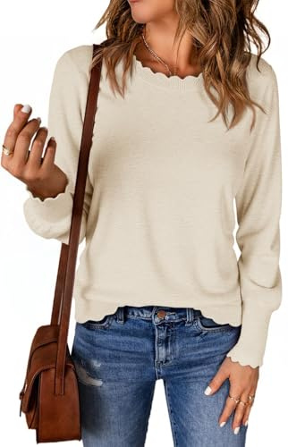 Cicy Bell Womens Crew Neck Long Sleeve Sweater Trendy Casual Scallop Trim Fall Knit Lightweight Pullover Tops Beige