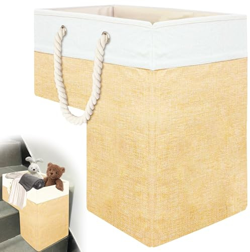 Stair Basket for Carpeted and Wooden Stairs - Foldable Staircase Basket for Stairs with Handle, Step Stairs Storage Basket for Toys, Clothes, Books, Tools, Magazine (Beige, 16 L x 10 W x 16 H)