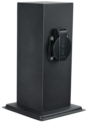 JungesLicht - Garten Steckdosensäule, IP44, 2X Steckdose, schwarz, Edelstahl, Höhe 22cm, 230Volt Gartensteckdose, max. 3650W, Außensteckdose, Doppelsteckdose (2-Fach Steckdose)