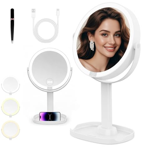 Sprifityy Espejo Maquillaje con Luz,Espejo Maquillaje con Luz LED,30X/1X Aumento de Doble Cara,3 Modos de Colores y Brillo Ajustable,Giratorio 360° Espejo Aumento, para Tocador, Baño