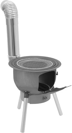 Wood Burning Stove with Grill Rack, Portable Camping Rocket Stove Chimney Charcoal Grill & 3 stove rings, for Outdoor Backyard Cooking, Picnic and Barbecue (Silver+Grey, 16.9 in)