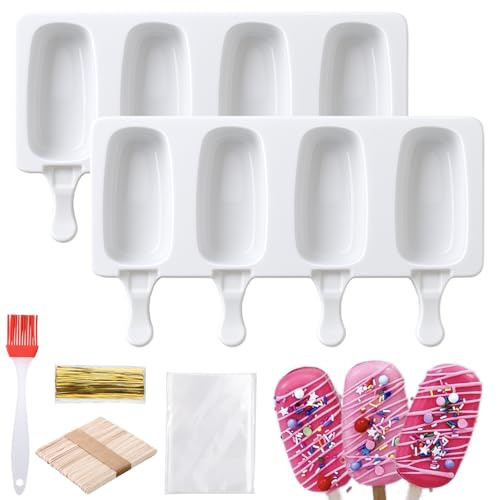Bafutayawa Cakesicle Formen Silikon 2 Stück Set EIS Am Stiel Form Cake Pop Maker mit Holzstielen und Tüten Backform Silikon für Lollipop Dessert Weiß