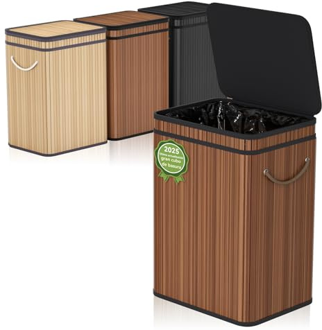 Cubo de basura grande de 80 litros/21 galones con tapa, Cubo de basura/cubo/cesta de basura para exteriores para el hogar, de bambú, para exteriores, hogar, oficina, cocina, 40 x 30 x 60 cm (Marrón)